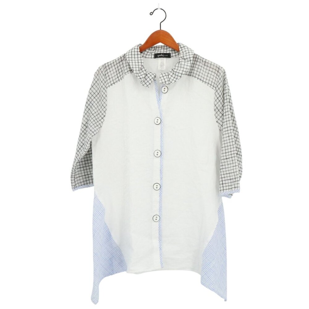 Yushi Gauzy Black White Check Collared Button Front Asymmetric Tunic Top M